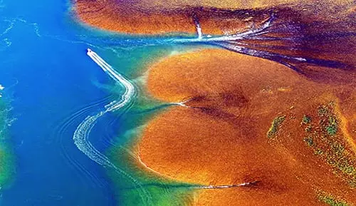 Kimberley Reef with speedboat - like a Brett Whiteley painting